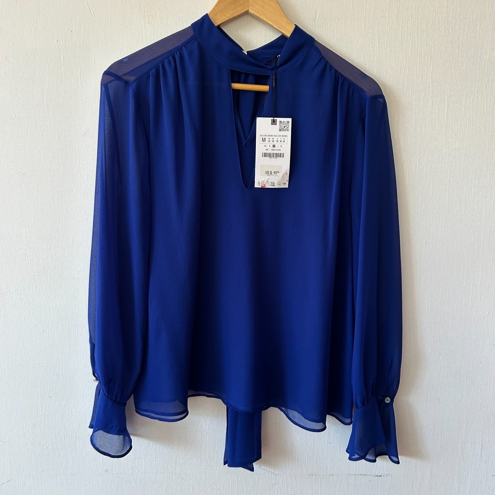 Zara Sheer Blouse Womens Medium Blue NWT Whimsigoth Grunge Fairy Edwardian‎